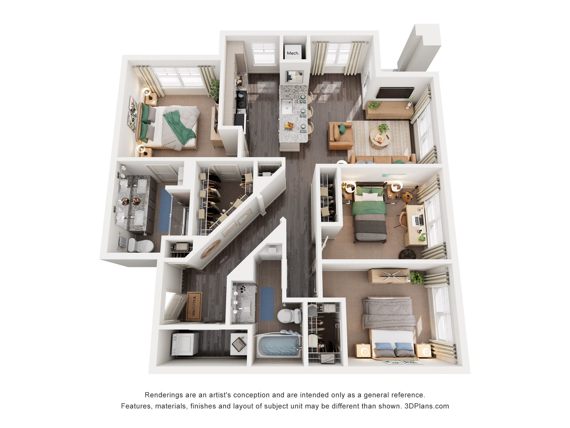 Floor plan for 3 beds, 2 baths, 1275 sqft